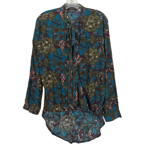Knot Sisters Top Size Small Green Blue High low Floral Tie Neck V Neck - Picture 1 of 16
